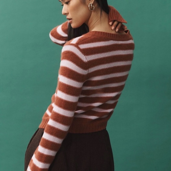 Maeve Anthropologie Cashmere Cropped Cardigan Sweater Striped Purple Brown XS - Picture 2 of 8